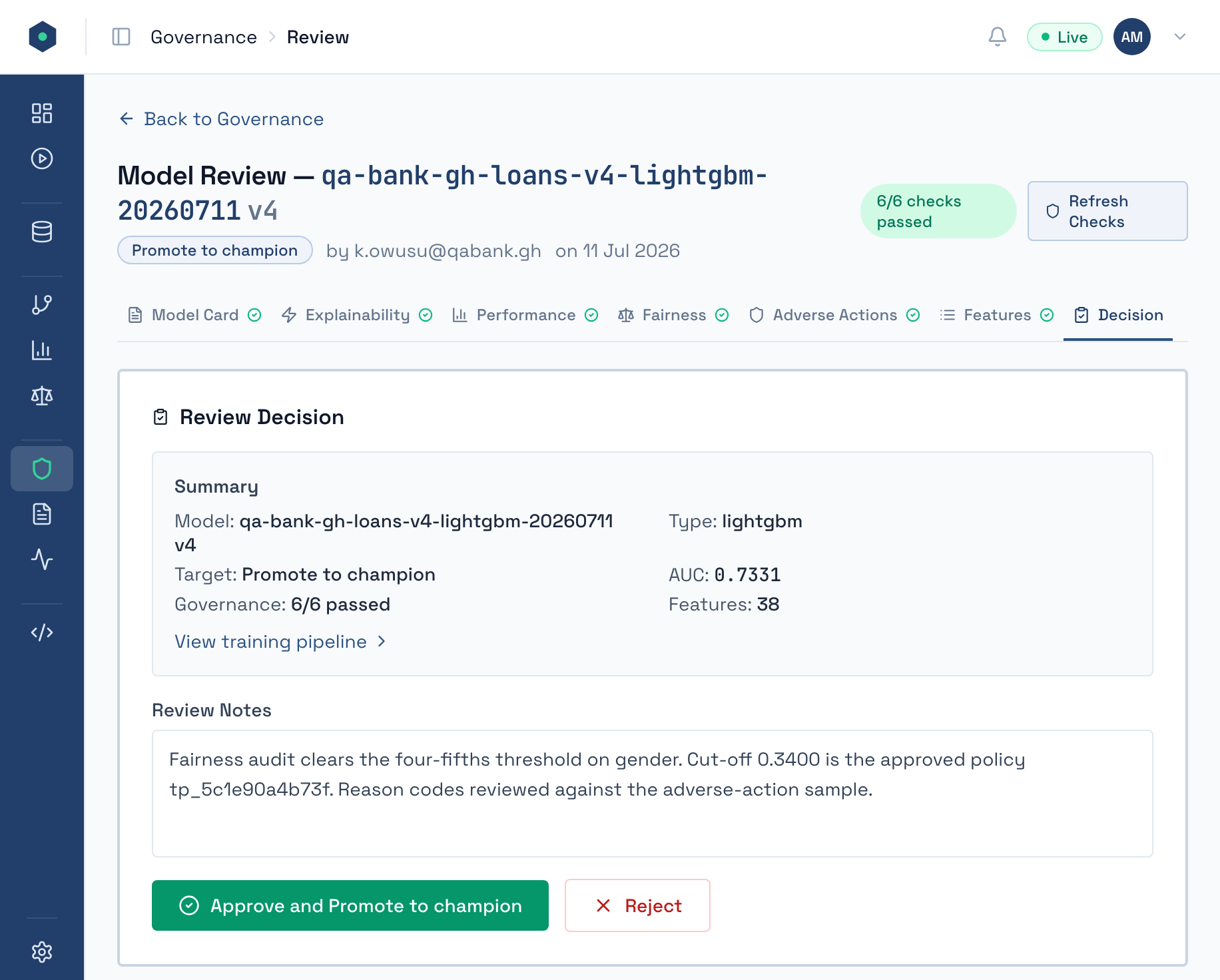 A model review open on its decision tab, naming the version, the reviewer and the promotion requested, with all six governance checks passed and the reviewer's own notes on the fairness result and the approved cut-off.