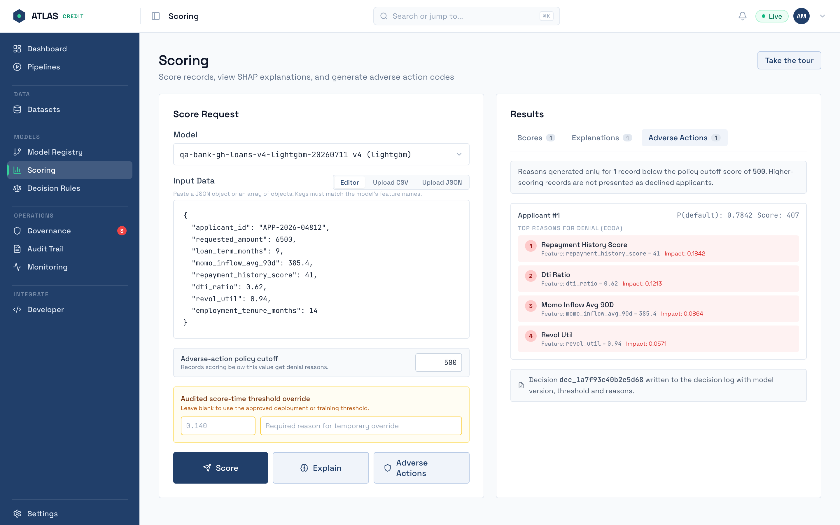 The Atlas scoring screen, with the request on the left carrying the champion model, the applicant record and the policy cut-off, and the result on the right listing the ranked reasons behind a denial and the decision written to the log.