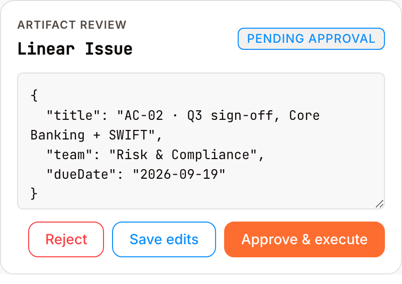 The review card for a single held change: what Cora produced, open for editing, with the choices to reject it, save the edits, or approve it and let it run.