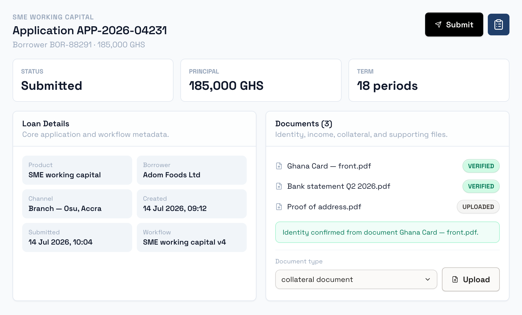 An application record with the borrower, the facility, its term and the documents attached to it, each marked with whether it has been verified.
