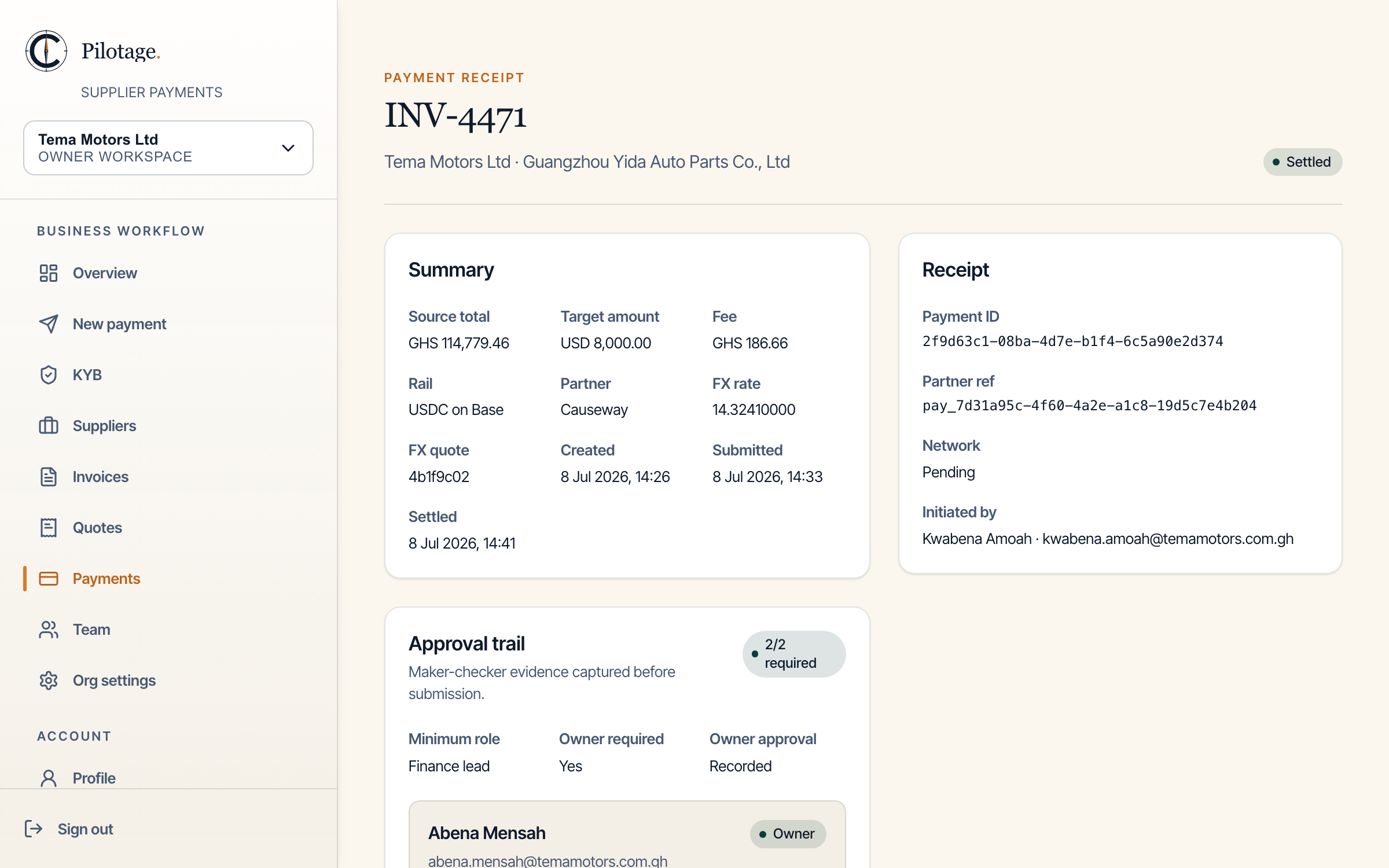 The finished payment record in Pilotage: the summary, the approval trail, the timeline and the settlement partner's receipt, shown in the application shell.