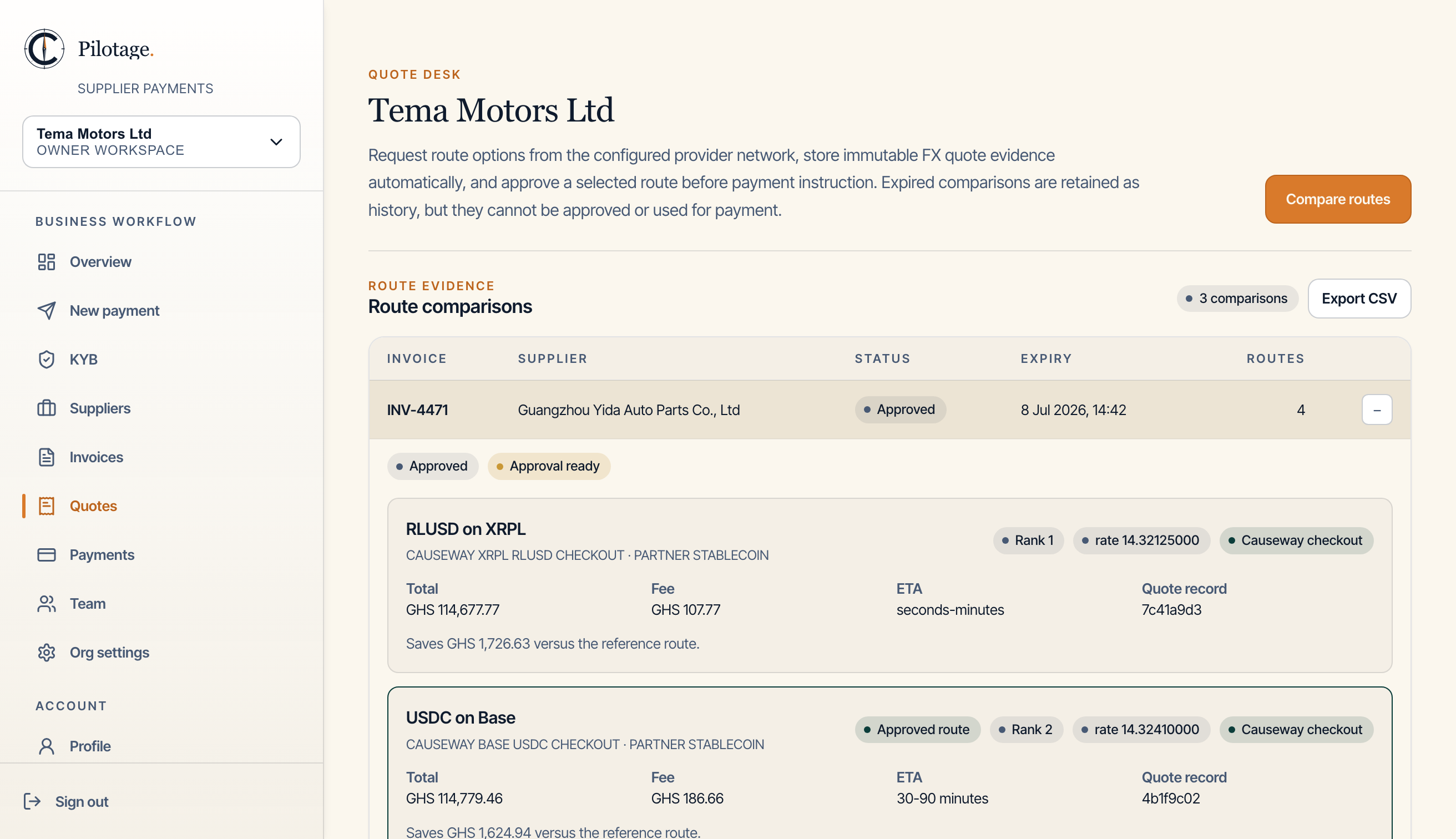 The Pilotage quote desk with a comparison open: the workspace sidebar, the invoice being priced, and two routes side by side carrying the rate, the total, the fee, the arrival time and the stored quote behind each.