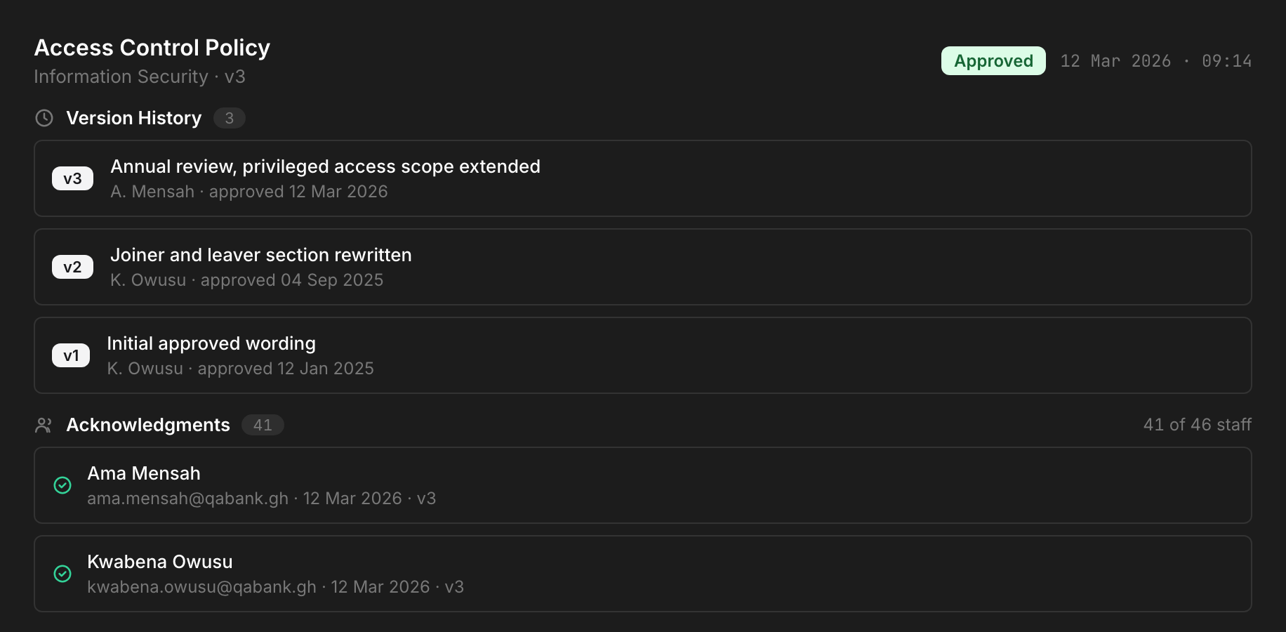 An approved policy at its third version, with all three versions still listed and readable beneath it, and under those the people who acknowledged it, each named with the moment they did.